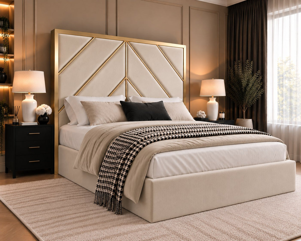 Rapallo bed in cream with gold metal frame, side view