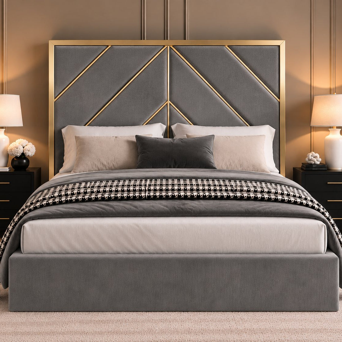 Rapallo bed in grey with gold metal frame, front view