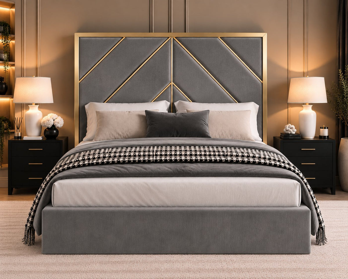 Rapallo bed in grey with gold metal frame, front view