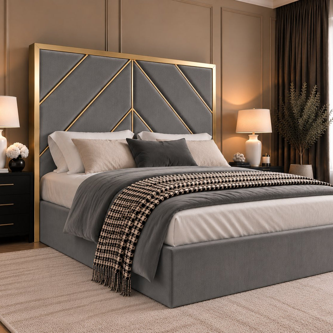 Rapallo bed in grey with gold metal frame, side view