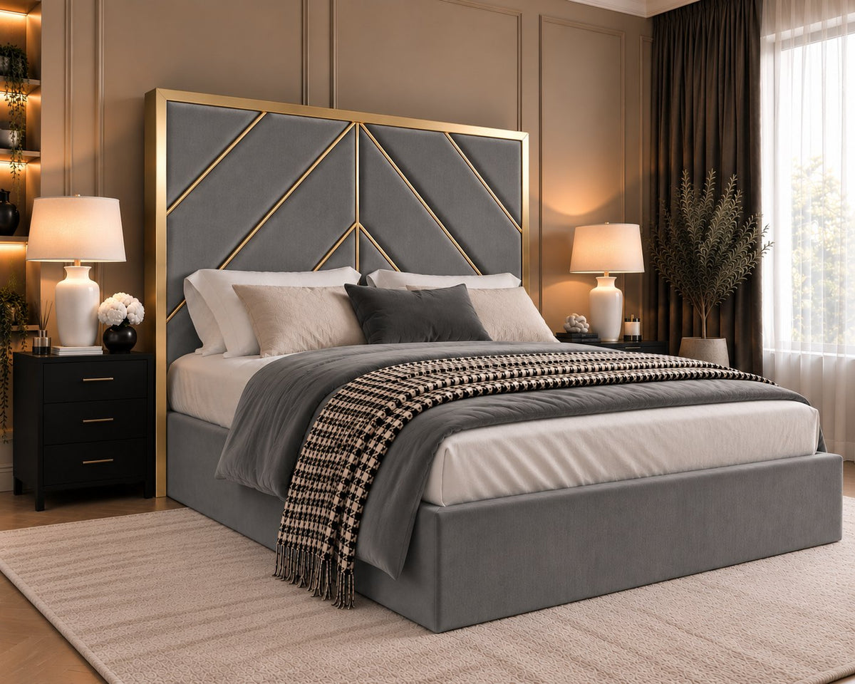 Rapallo bed in grey with gold metal frame, side view