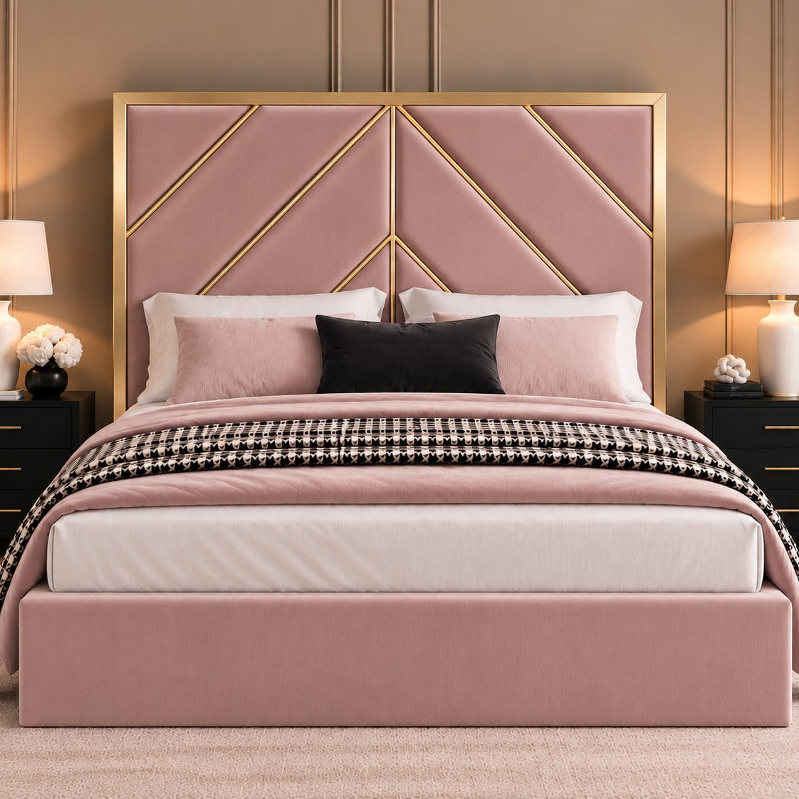 Rapallo bed in pink with gold metal frame, front view