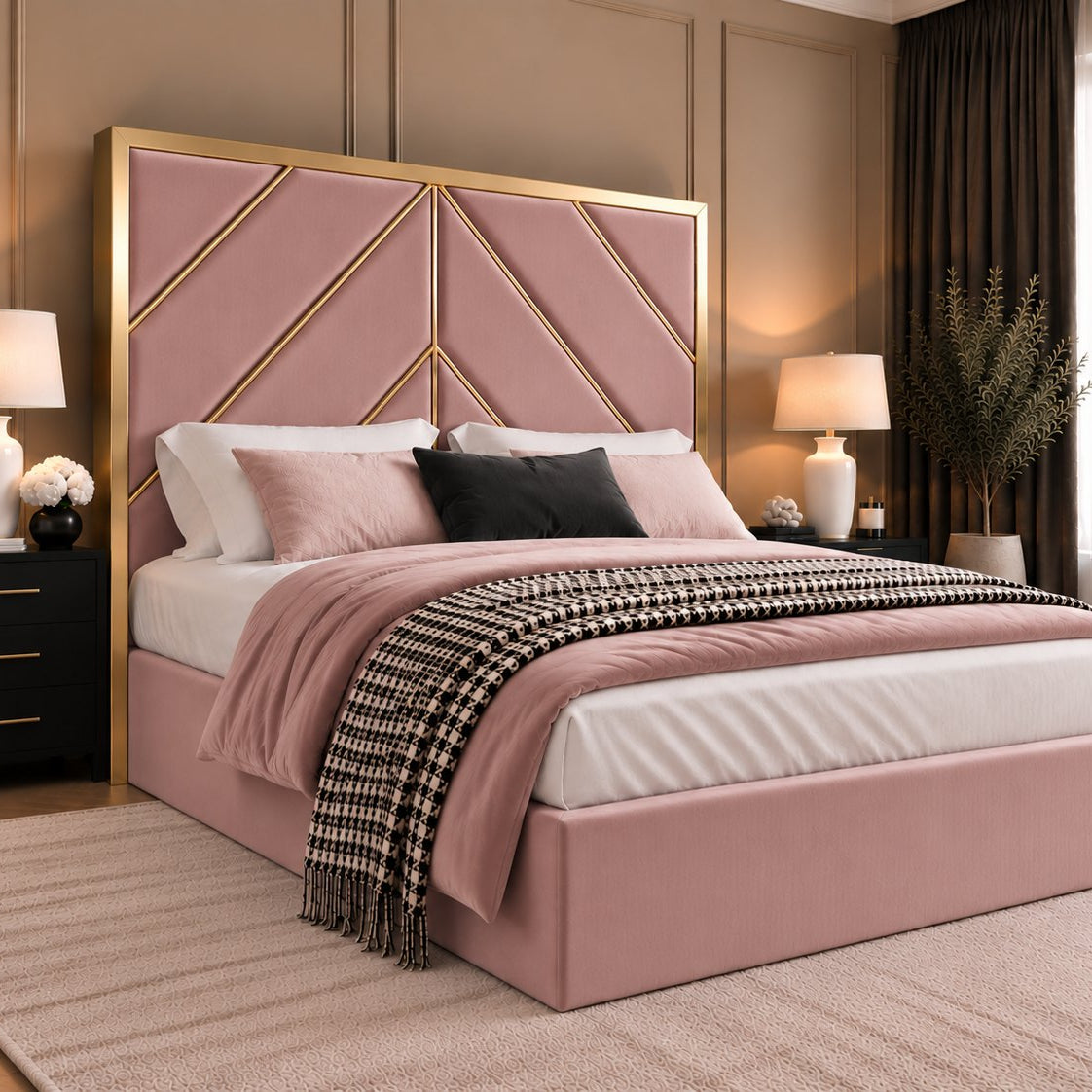 Rapallo bed in pink with gold metal frame, side view