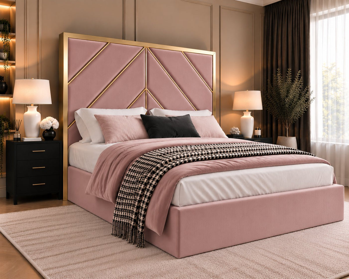 Rapallo bed in pink with gold metal frame, side view