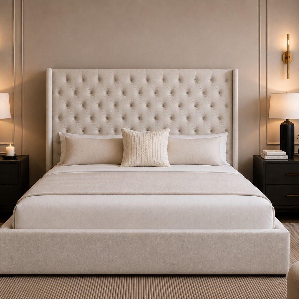 Ravenna Diamond Buttoned Winged Tall Headboard Upholstered Bed Frame