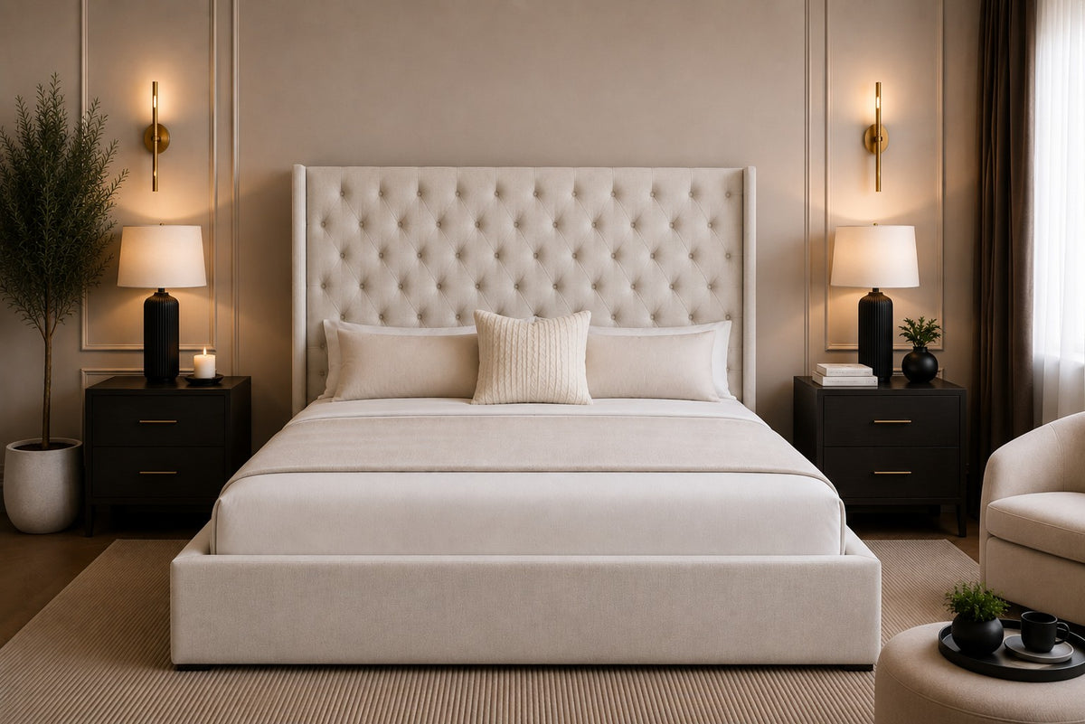Ravenna Diamond Buttoned Winged Tall Headboard Upholstered Bed Frame