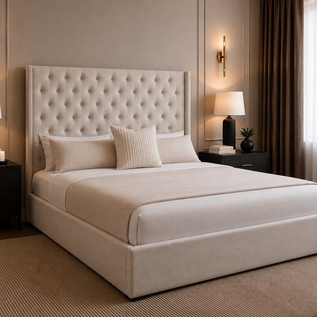 Ravenna Diamond Buttoned Winged Tall Headboard Upholstered Bed Frame