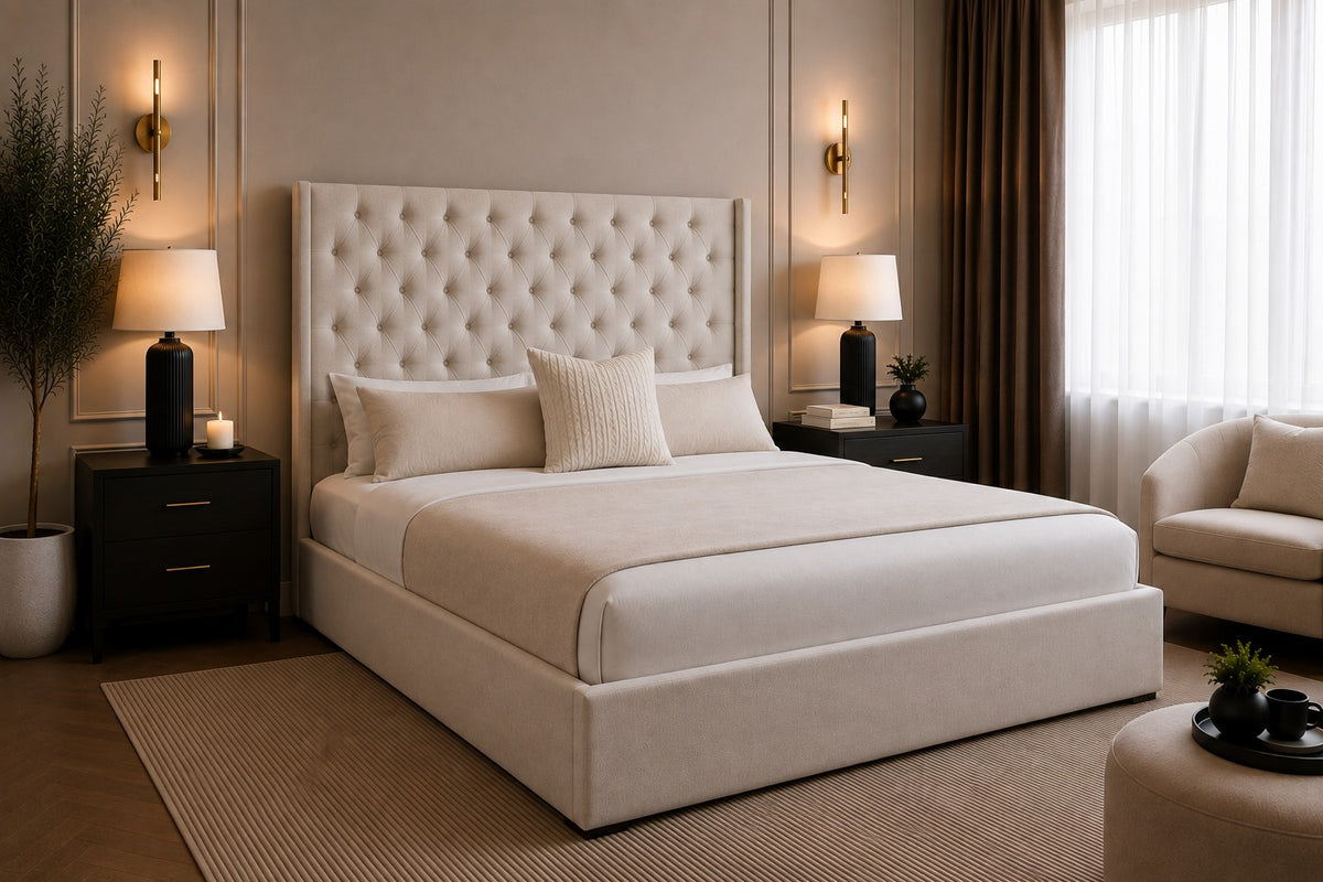 Ravenna Diamond Buttoned Winged Tall Headboard Upholstered Bed Frame