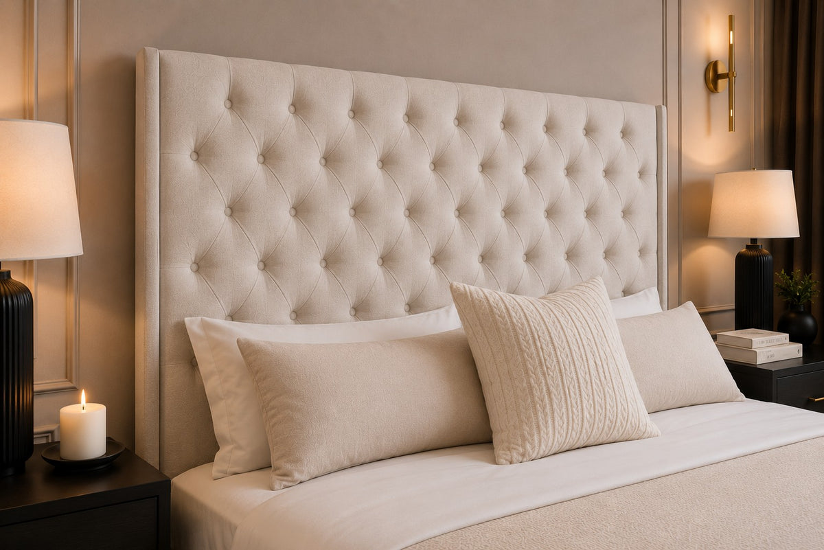 Ravenna Diamond Buttoned Winged Tall Headboard Upholstered Bed Frame