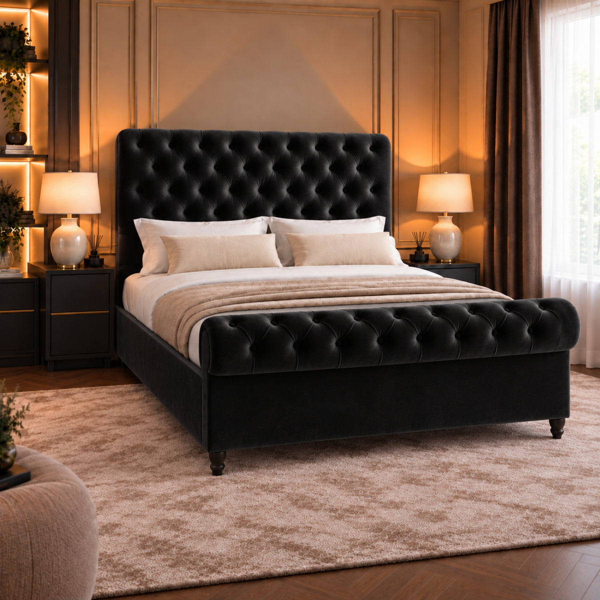 Sienna Sleigh Upholstered Soft Velvet Bed Frame