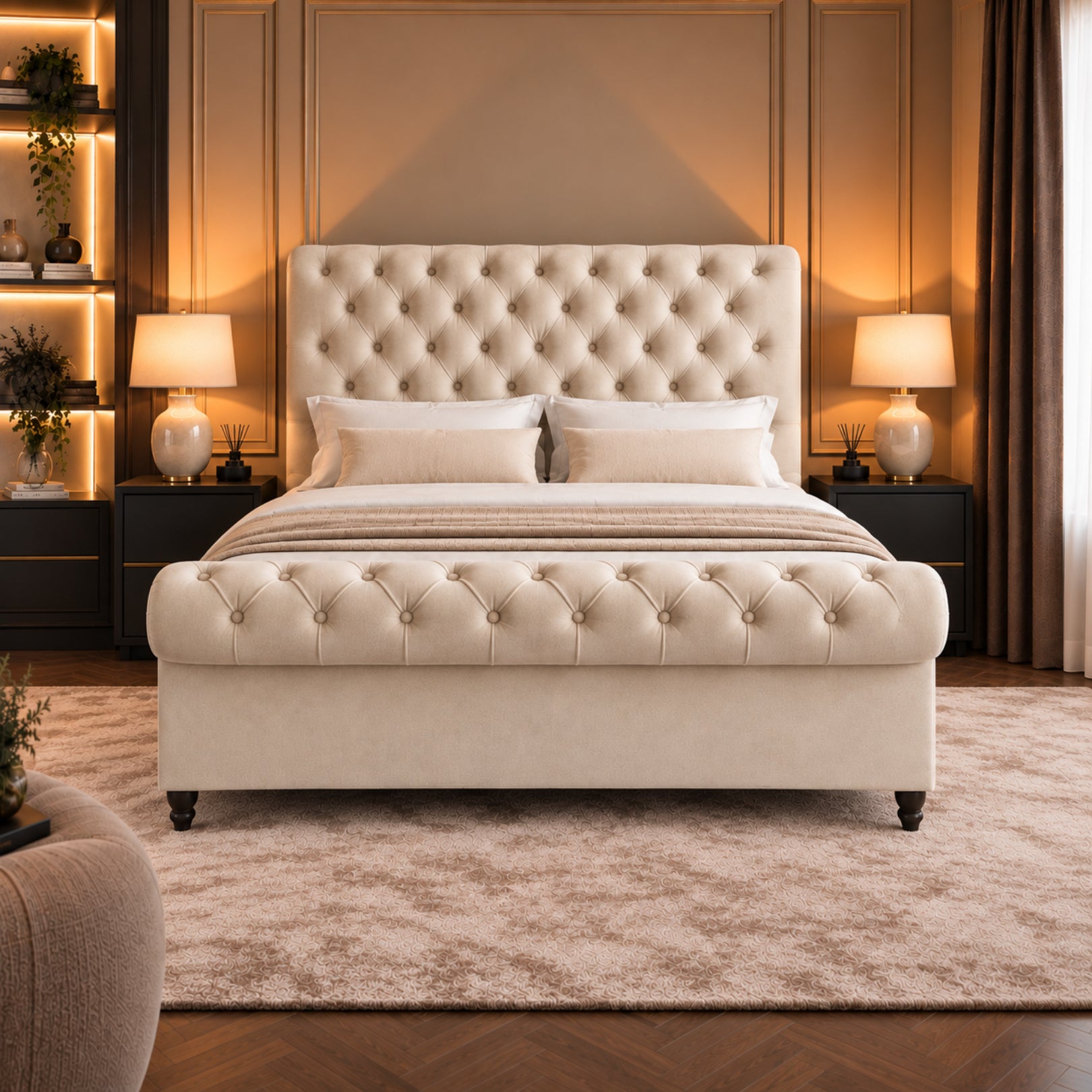 Sienna Sleigh Upholstered Soft Velvet Bed Frame