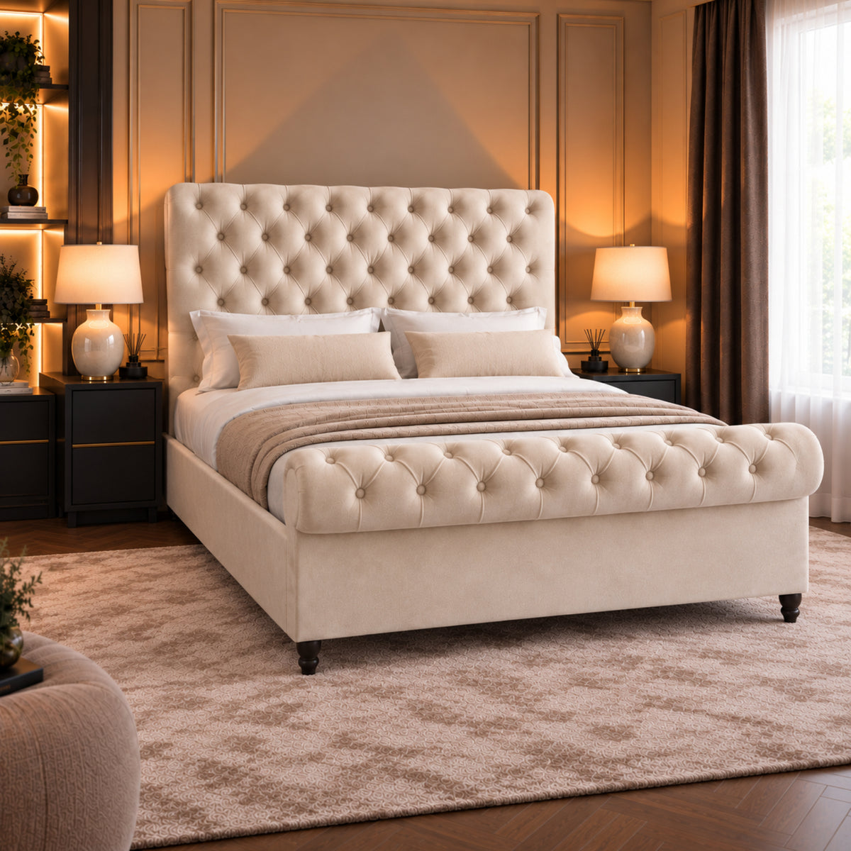 Sienna Sleigh Upholstered Soft Velvet Bed Frame