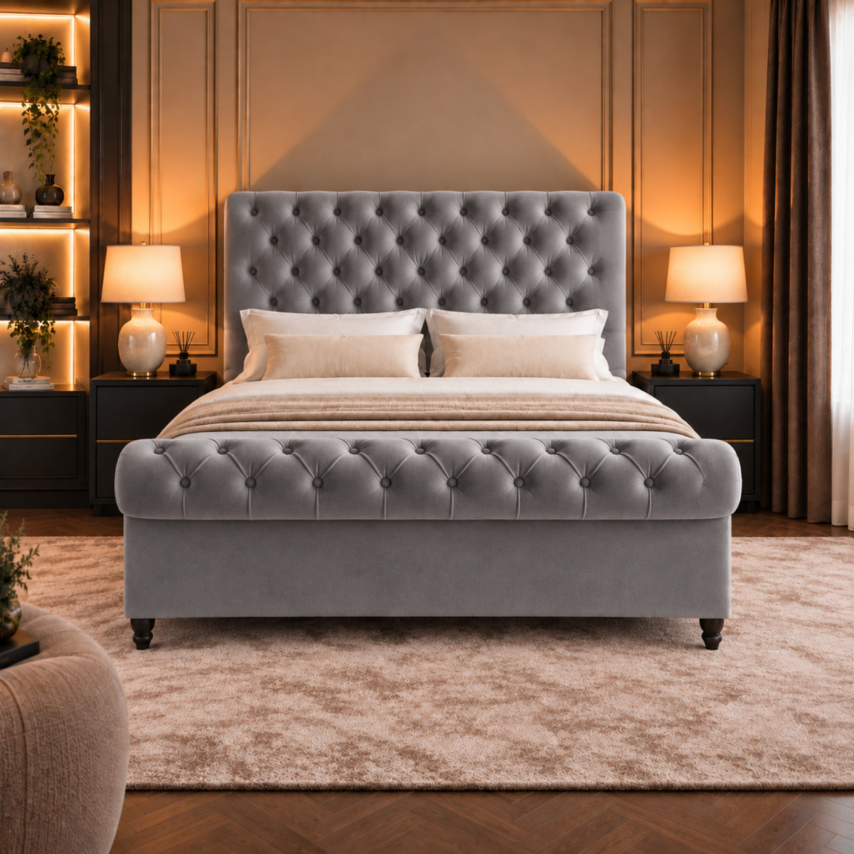 Sienna Sleigh Upholstered Soft Velvet Bed Frame
