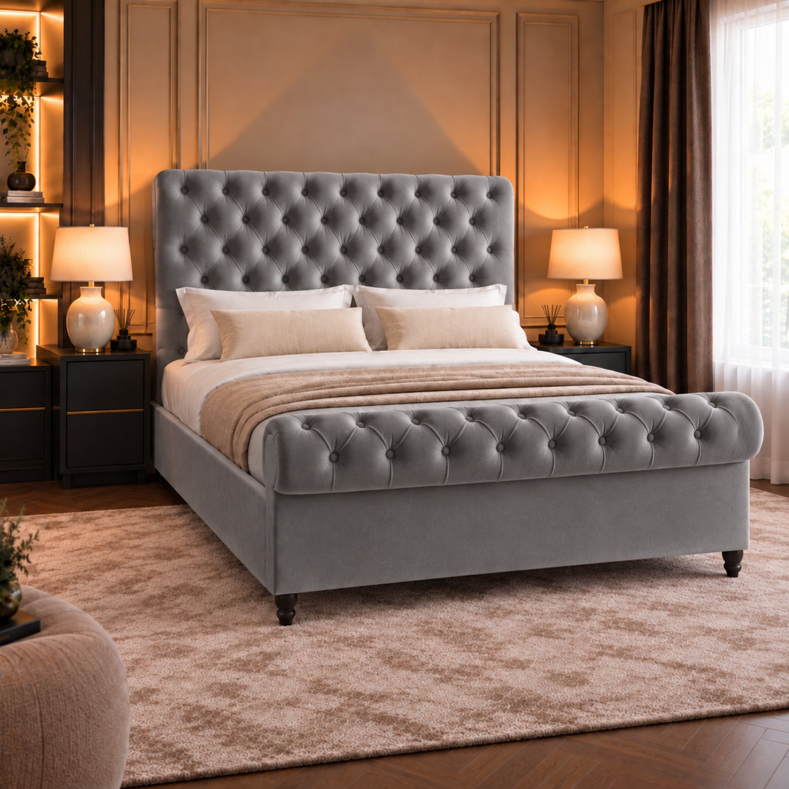 Sienna Sleigh Upholstered Soft Velvet Bed Frame