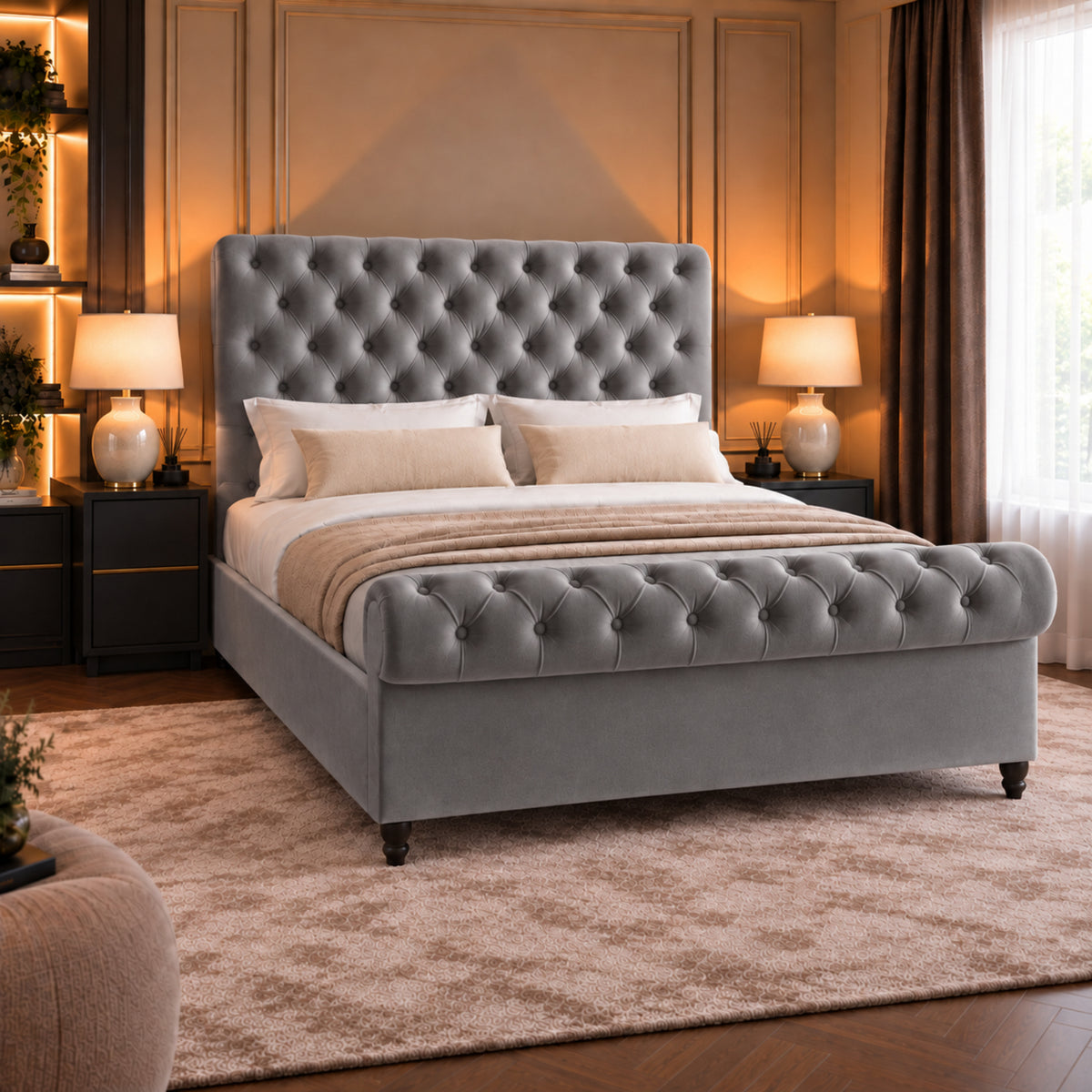Sienna Sleigh Upholstered Soft Velvet Bed Frame