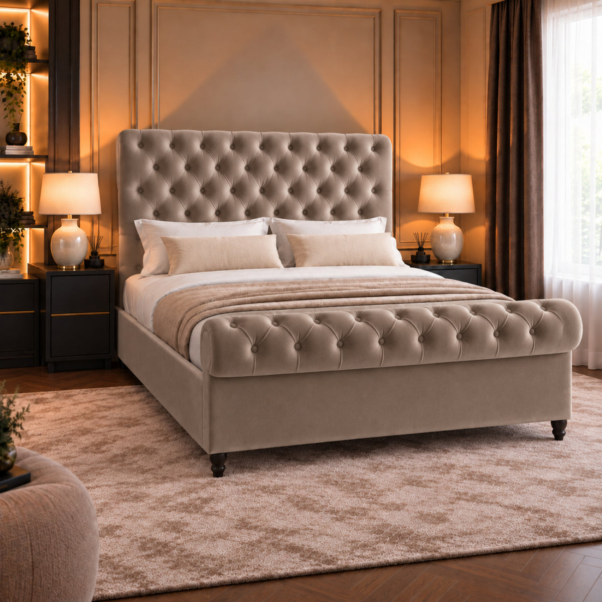 Sienna Sleigh Upholstered Soft Velvet Bed Frame