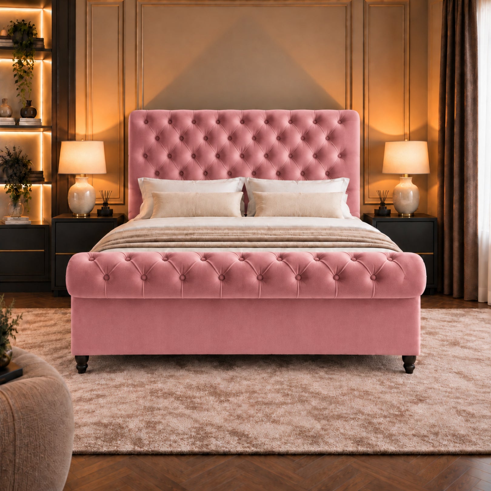 Sienna Sleigh Upholstered Soft Velvet Bed Frame