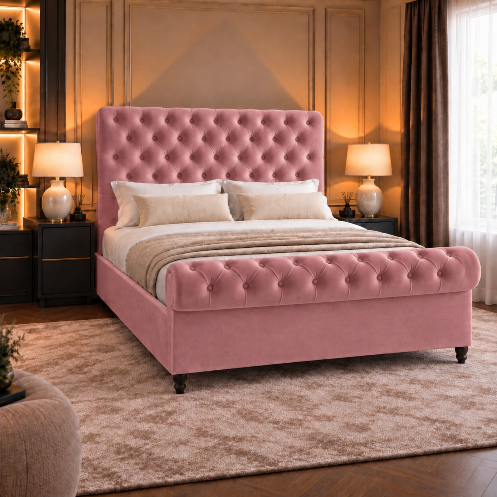 Sienna Sleigh Upholstered Soft Velvet Bed Frame