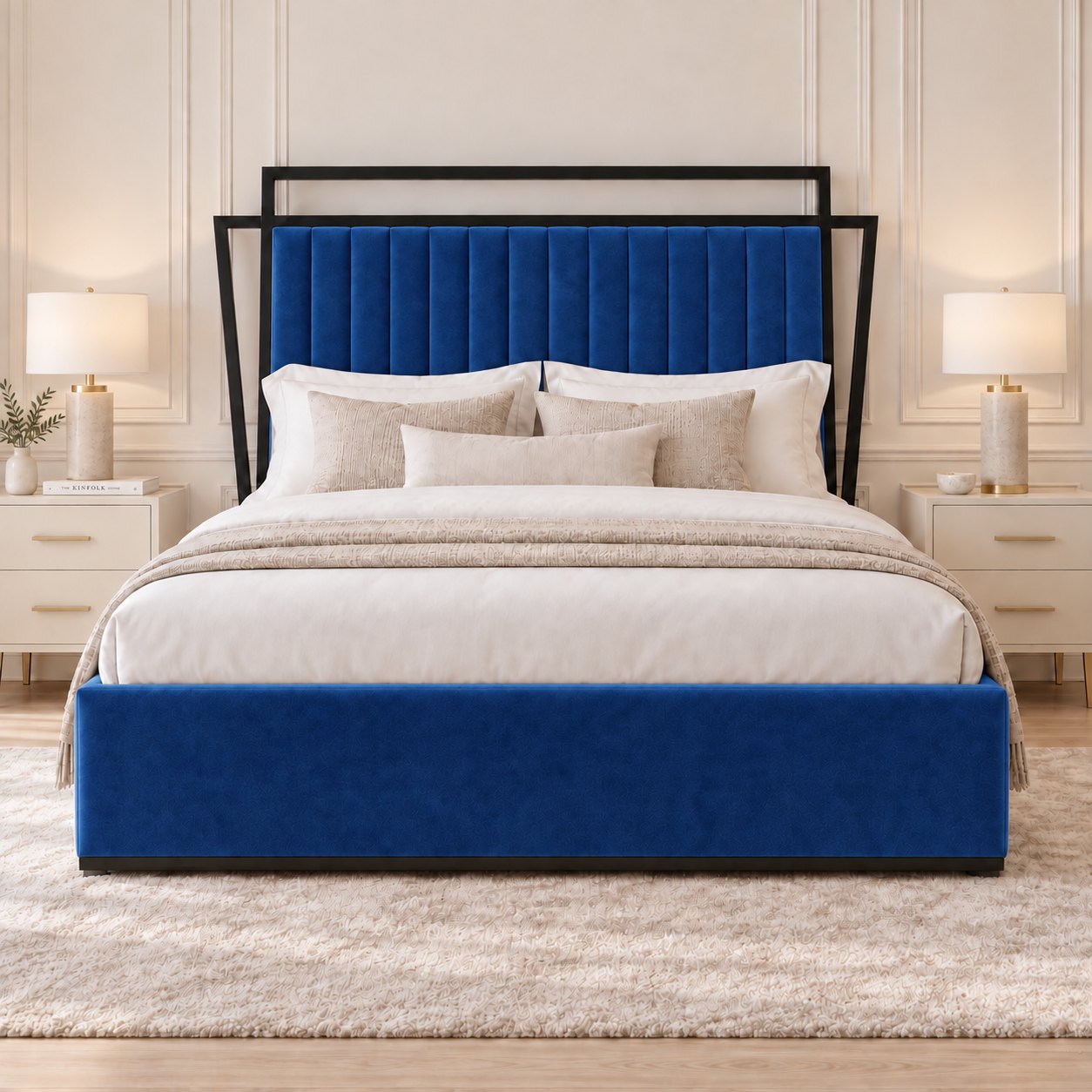 Sirmione velvet bed in blue with black metal frame, front view
