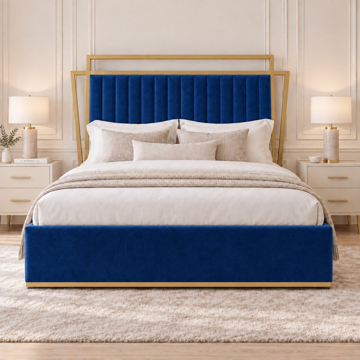 Sirmione velvet bed in blue with matt gold metal frame, front view