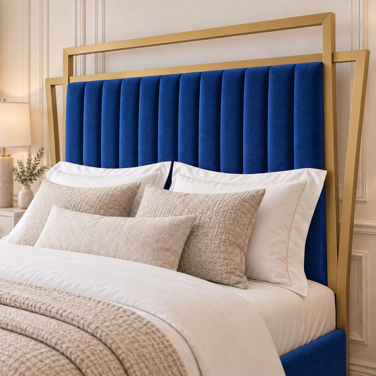 Sirmione velvet bed in blue with matt gold metal frame, headboard close-up