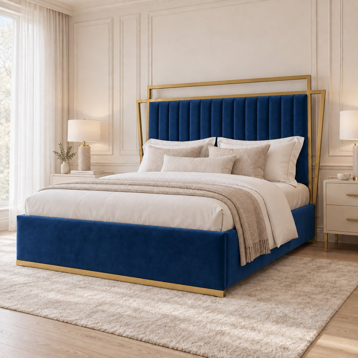 Sirmione velvet bed in blue with matt gold metal frame, side view