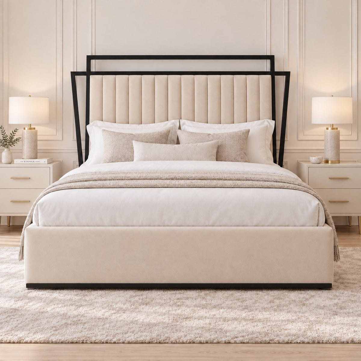 Sirmione velvet bed in cream with black metal frame, front view