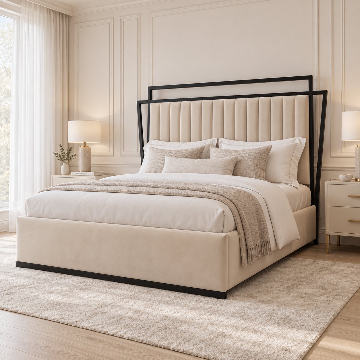 Sirmione velvet bed in cream with black metal frame, side view