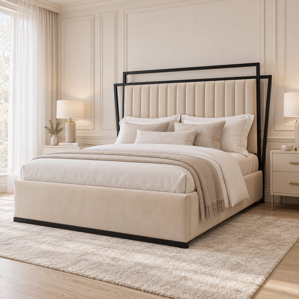 Sirmione velvet bed in cream with black metal frame, side view