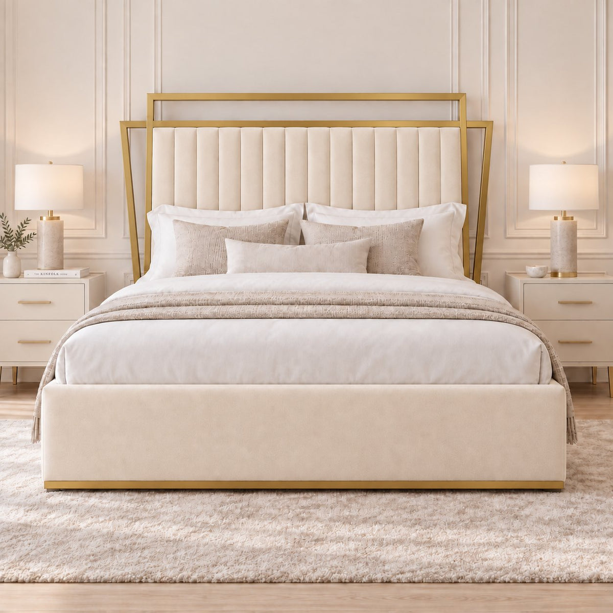Sirmione velvet bed in cream with matt gold metal frame, front view