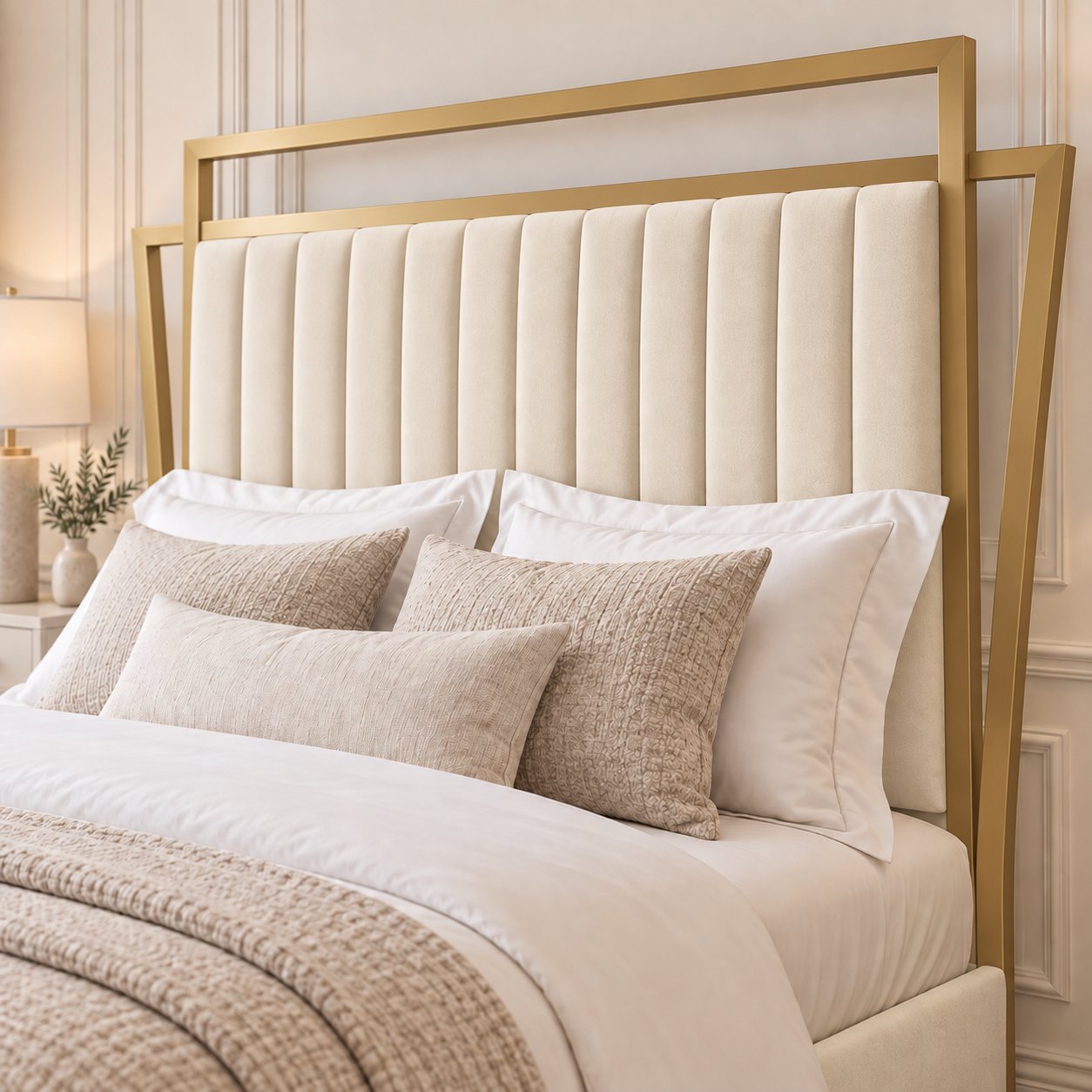 Sirmione velvet bed in cream with matt gold metal frame, headboard close-up