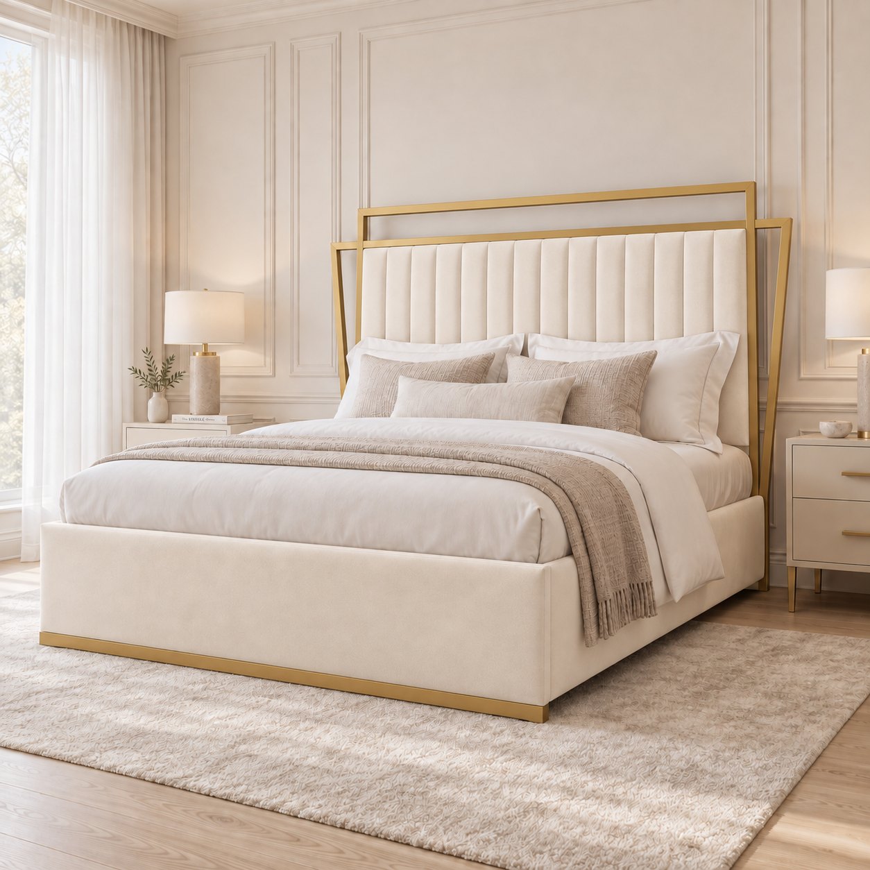 Sirmione velvet bed in cream with matt gold metal frame, side view