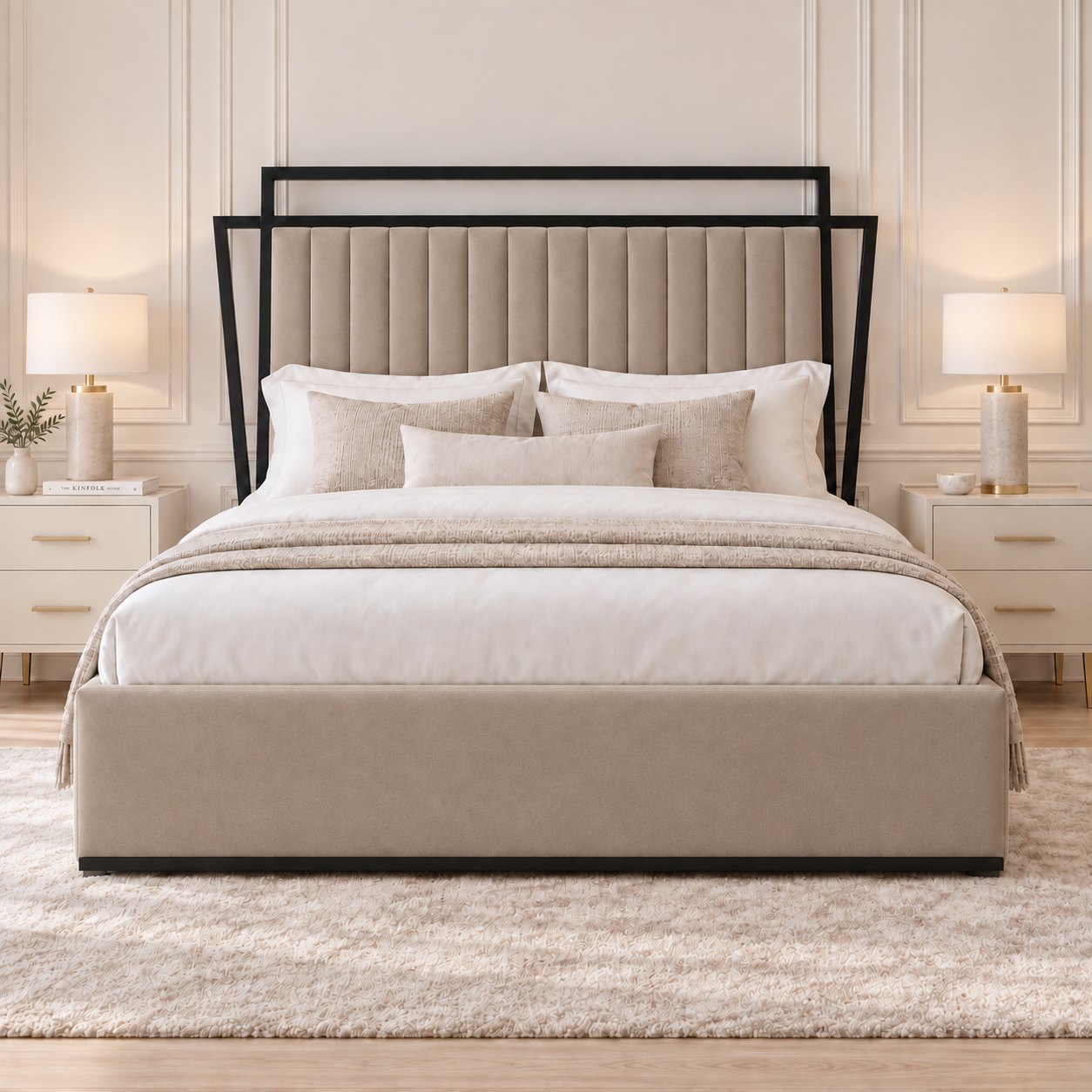 Sirmione velvet bed in pebble with black metal frame, front view