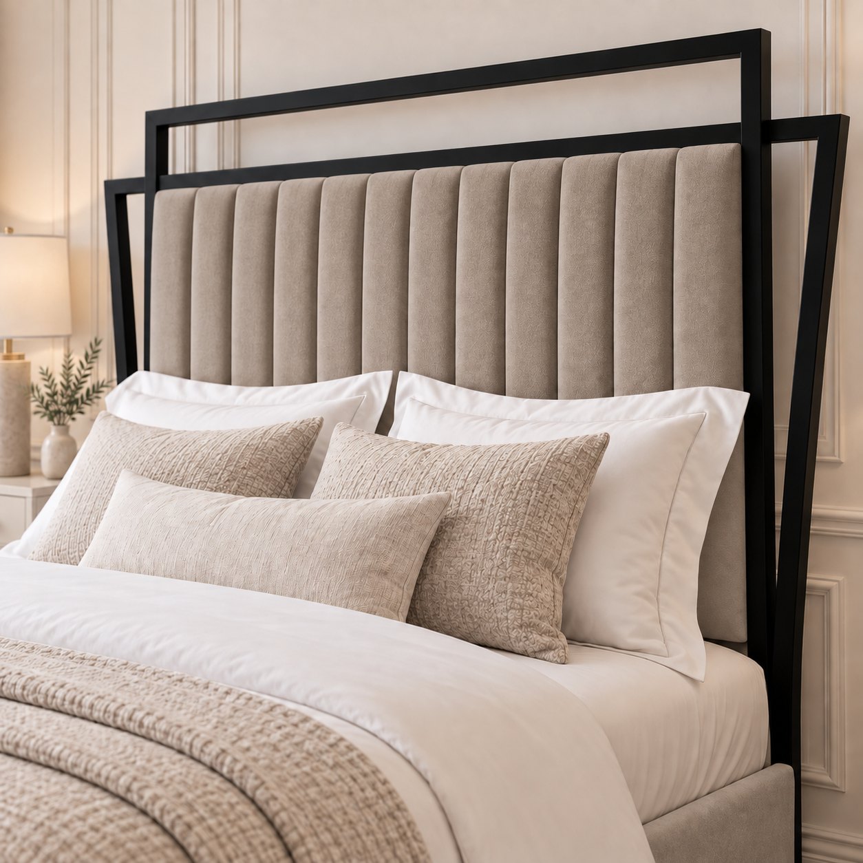 Sirmione velvet bed in pebble with black metal frame, headboard close-up