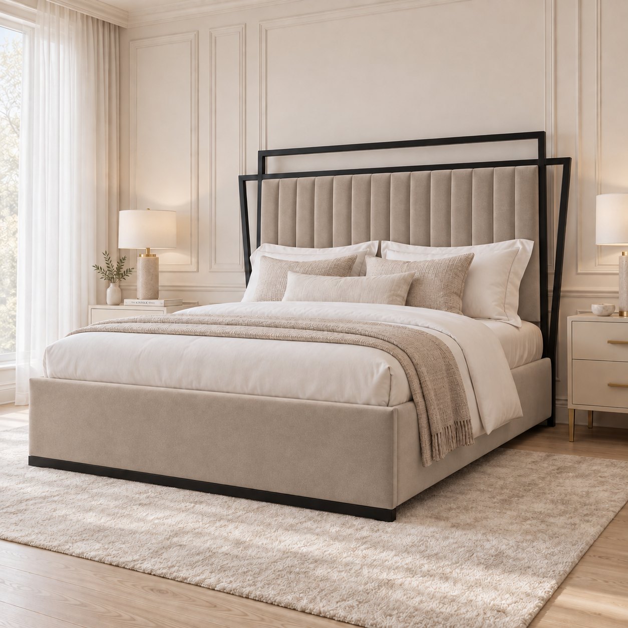 Sirmione velvet bed in pebble with black metal frame, side view