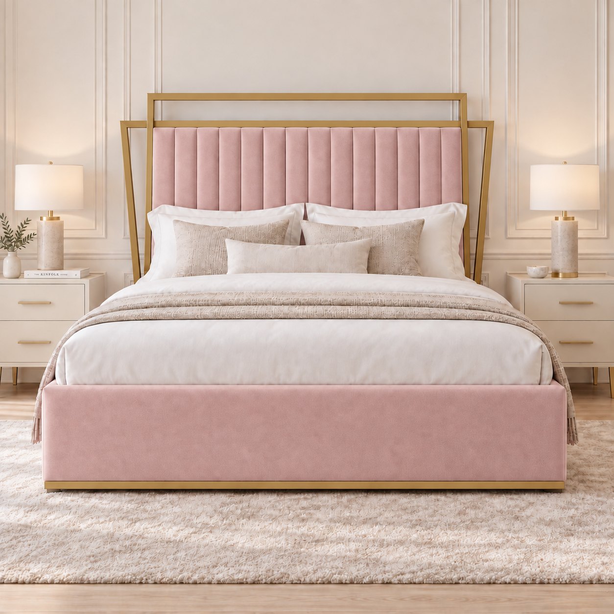Sirmione velvet bed in pink with matt gold metal frame, front view