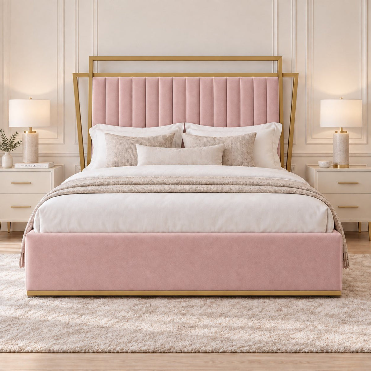 Sirmione velvet bed in pink with matt gold metal frame, front view