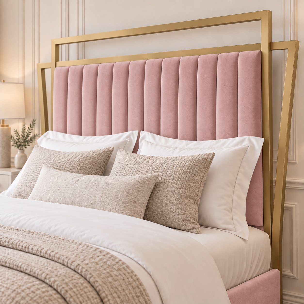 Sirmione velvet bed in pink with matt gold metal frame, headboard close-up