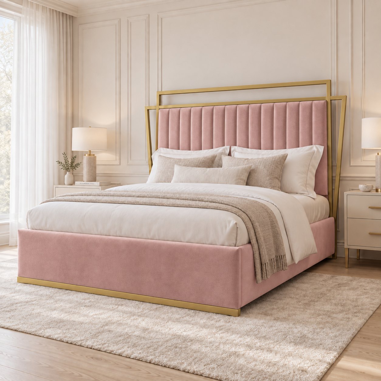 Sirmione velvet bed in pink with matt gold metal frame, side view
