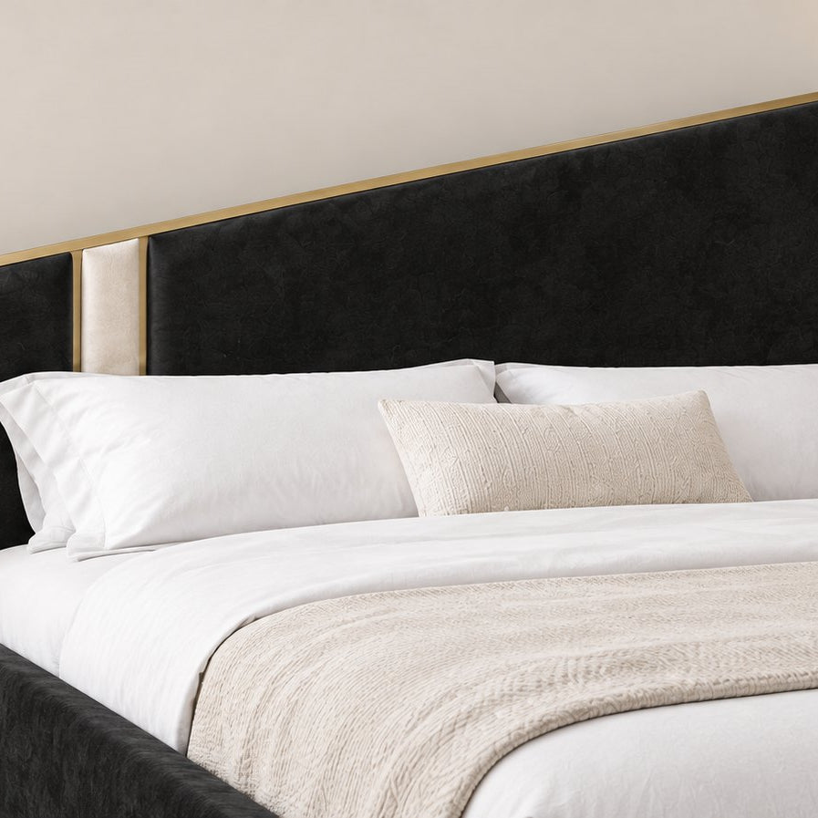 Spello bed in black with cream side panel, headboard close-up