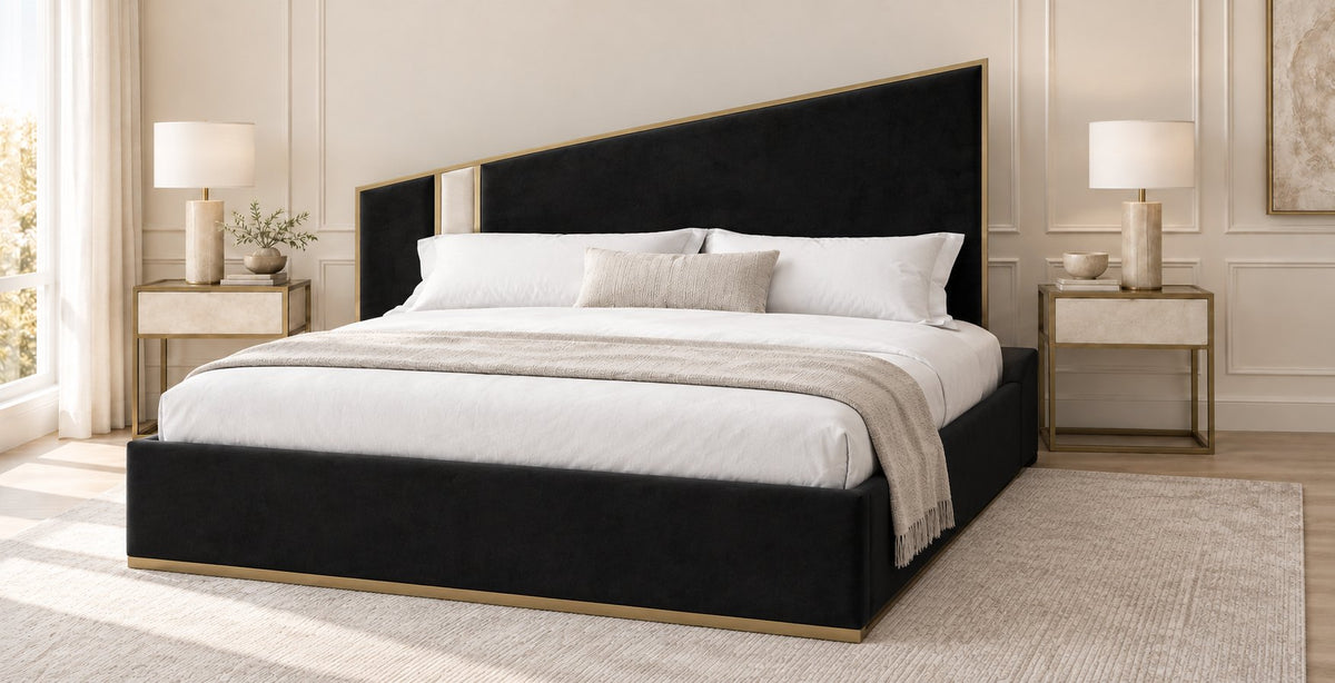 Spello bed in black with cream side panel, side view