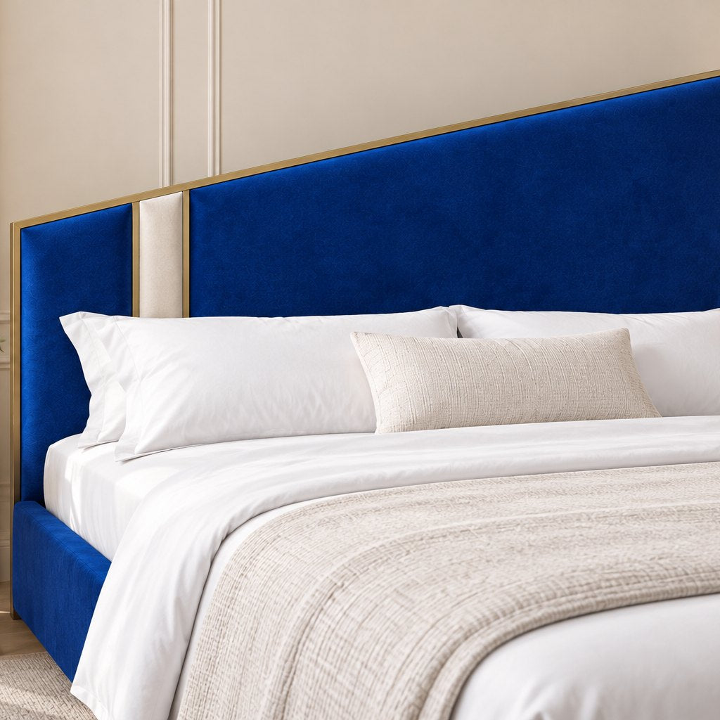 Spello bed in blue with cream side panel, headboard close-up