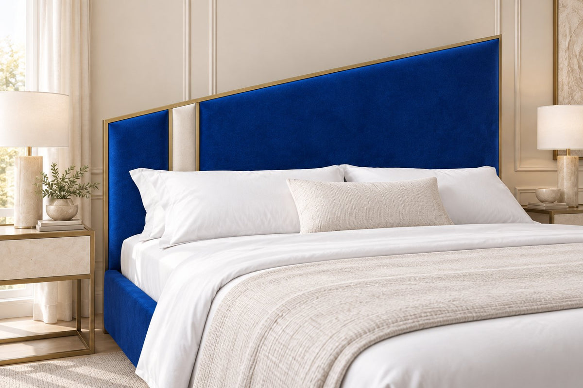 Spello bed in blue with cream side panel, headboard close-up