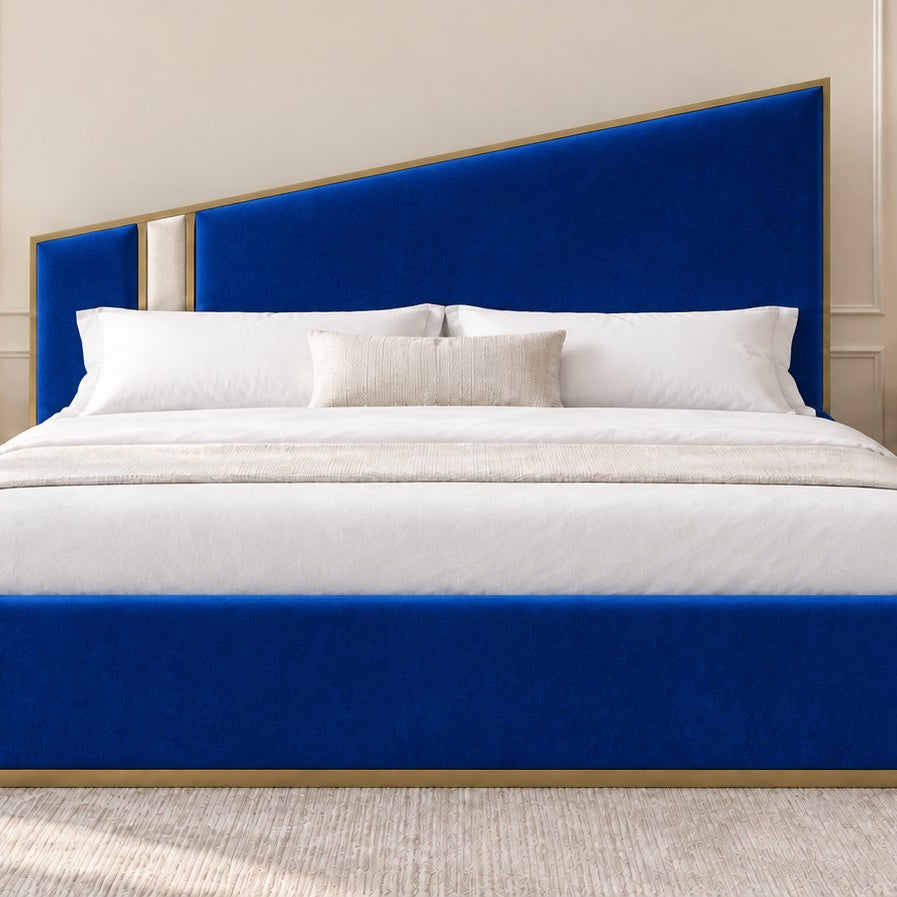 Spello bed in blue with cream side panel, front view