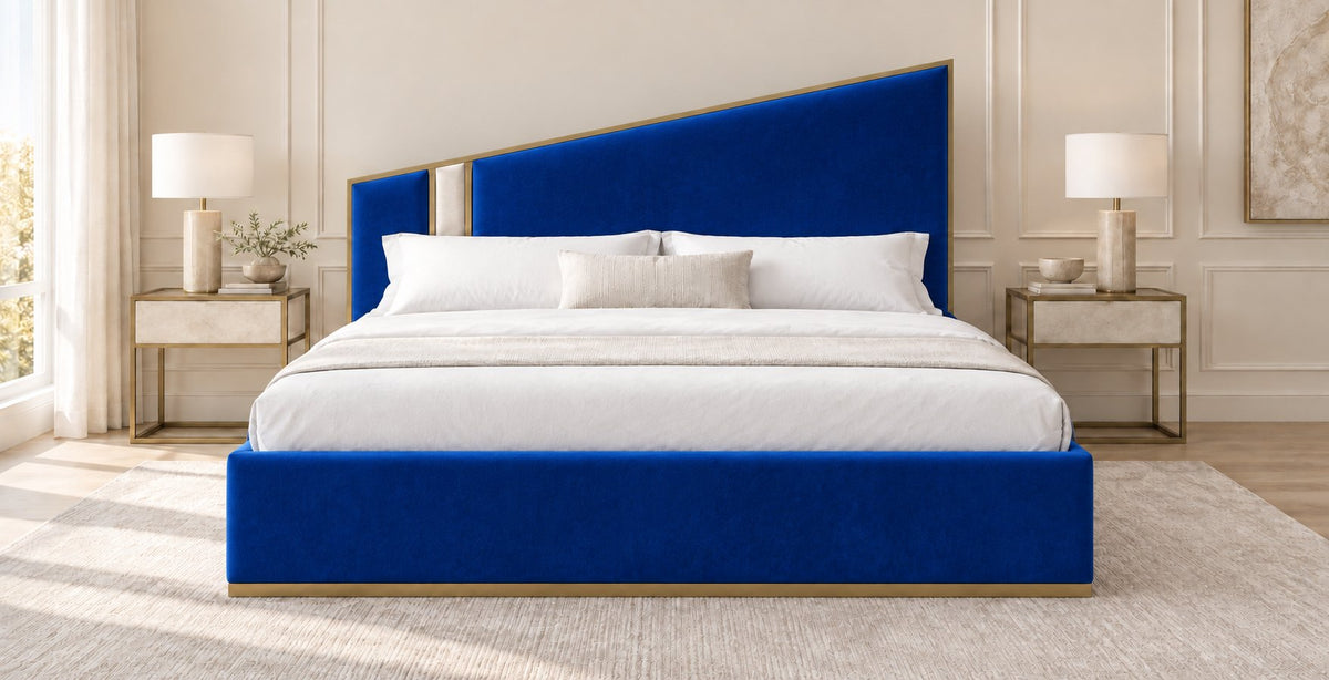 Spello bed in blue with cream side panel, front view
