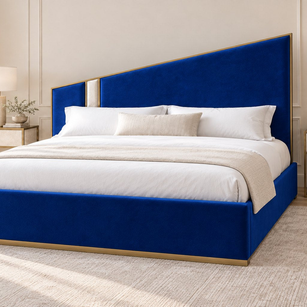 Spello bed in blue with cream side panel, side view