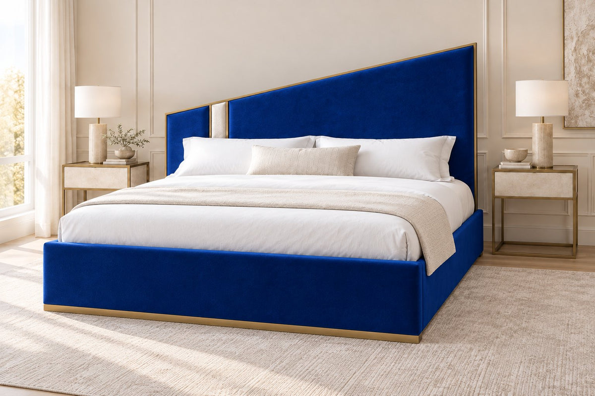 Spello bed in blue with cream side panel, side view