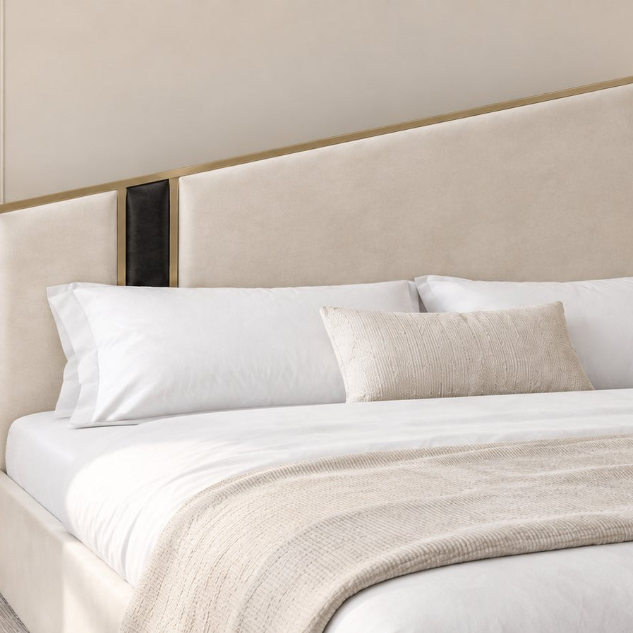 Spello bed in cream with black side panel, headboard close-up