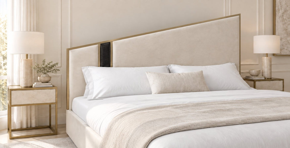 Spello bed in cream with black side panel, headboard close-up