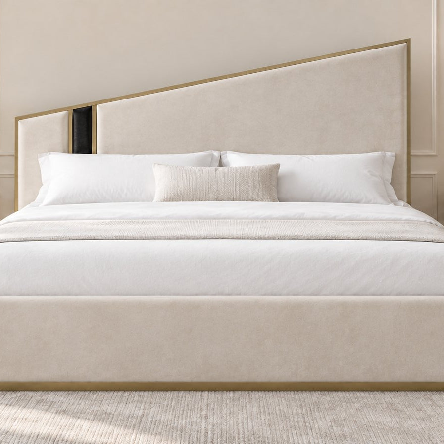 Spello bed in cream with black side panel, front view